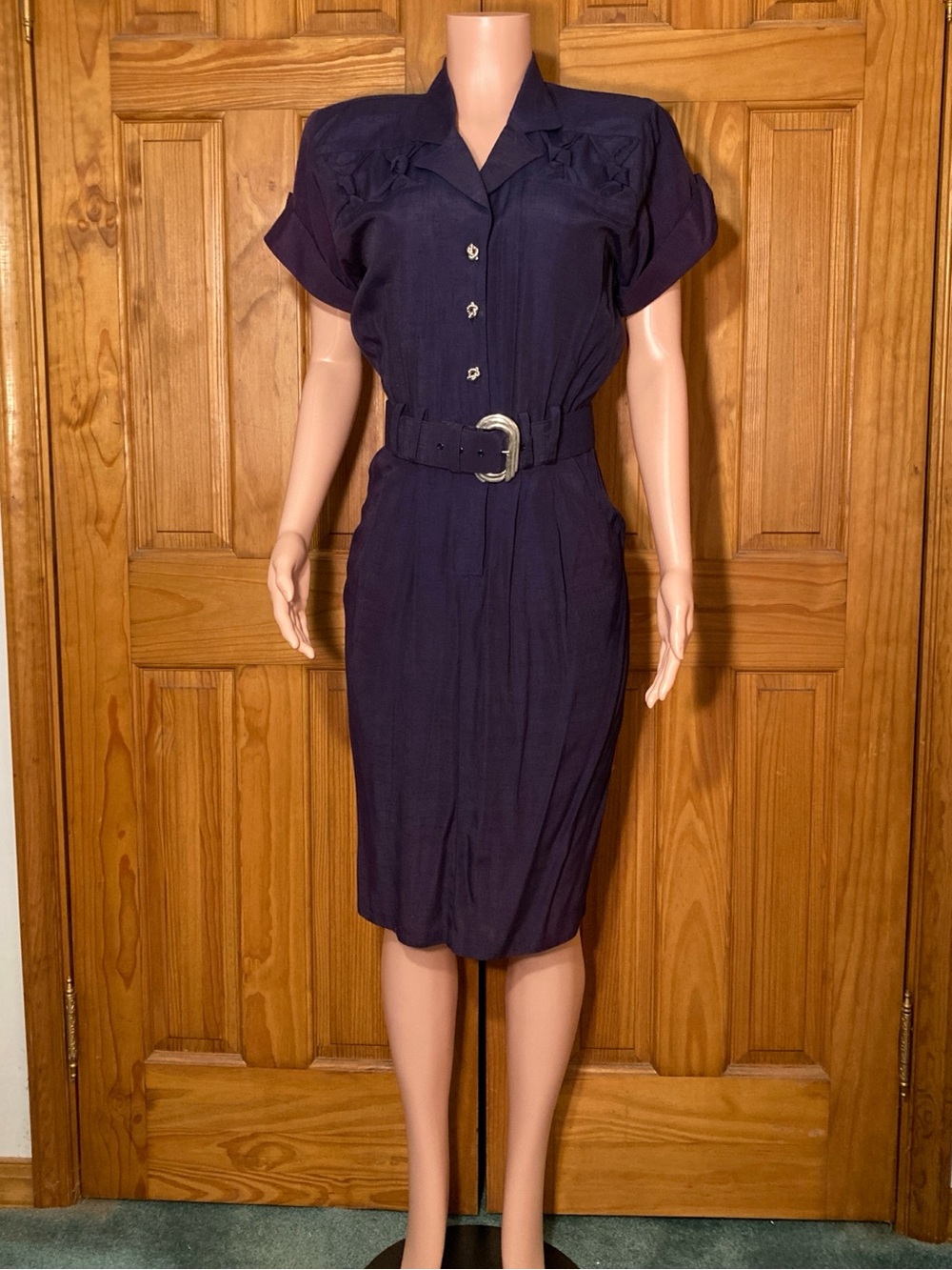 NWOT Nina Piccalino Vintage 80s Dress Career Belted Midi Blue Size 10